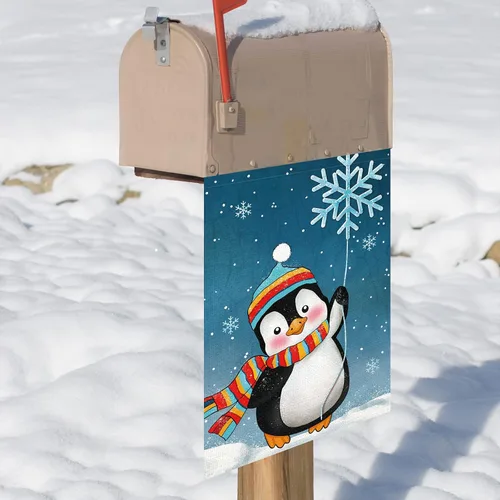Vista 7 de Bandera de jardín de Navidad de bienvenida de pingüinos de invierno, 12 x 18 pulgadas, de arpillera de doble cara, bufandas de copos de nieve