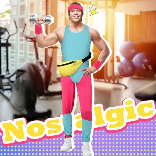 Vista 7 de Xtinmee 6 piezas de disfraz de entrenamiento de los años 80 para hombre, conjunto de traje de baño, leggings para piernas, muñequera, paquete