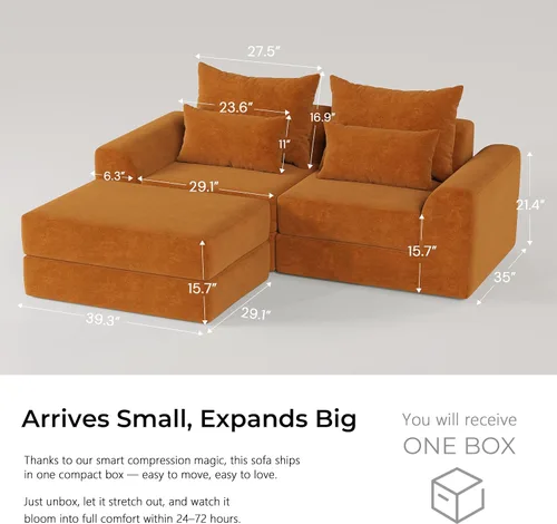 Vista 3 de Sofá biplaza modular con otomana, sofá deshuesado en forma de L, sofá modular personalizable, sofá cama de diseño de combinación libre, Clay Ember