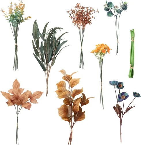 Vista 10 de Juego de tallos de follaje artificial, 59 piezas con 7 tipos de flores de follaje sintéticas para manualidades, ramos de novia, arreglos florales