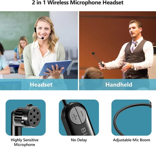 Vista 5 de Bietrun Auriculares inalámbricos con enchufe de 1/4 pulgadas, rango de 165 pies, micrófono inalámbrico UHF y micrófono de mano 2 en 1, para altavoz
