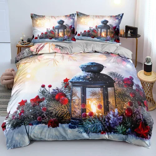 Vista 10 de Juego de funda de edredón de Navidad 3D, fundas de edredón y fundas de almohada con patrón de lazo rojo, juegos de ropa de cama de color pulido