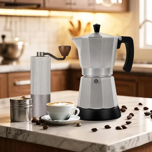 Vista 7 de Cafetera Moka Eléctrica de Aluminio Plateado, Cafetera de Espresso de 3 o 6 Tazas con Placa de Reducción de Dosis