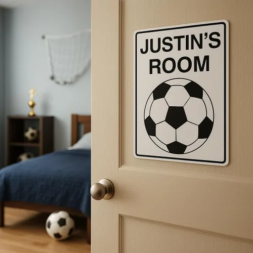 Vista 2 de Letrero personalizado para sala de fútbol, decoración de pared de fútbol con nombre personalizado para niños, letrero de fútbol de aluminio