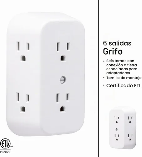 Vista 3 de GE Extensor de 6 Enchufes, Adaptador de Pared con Conexión a Tierra, Adaptador de Enchufes Espaciados, 3 Clavijas, Enchufe Múltiple, Instalación