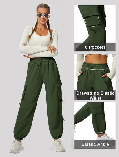 Vista 5 de Pantalones cargo de secado rápido, ligeros, tácticos, con 6 bolsillos, para mujer, cintura elástica y resistente al agua