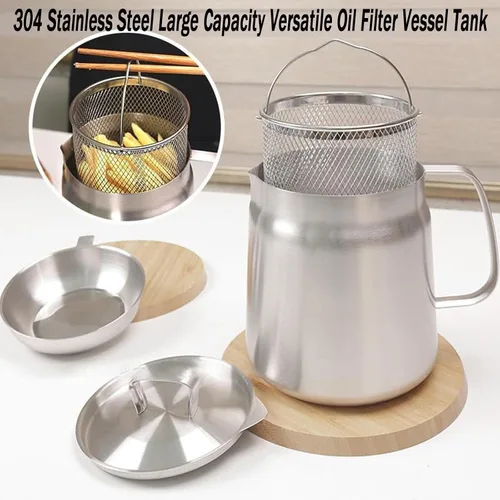 Vista 6 de Olla de acero inoxidable 304 de 53 onzas con cesta y colador, recipiente de grasa de tocino de gran capacidad para cocina, recipiente de filtro