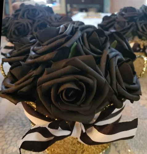 Vista 7 de Higfra Flores artificiales, 25 unidades, rosas falsas de espuma negra de aspecto real con tallos para ramos de boda, centros de mesa de despedida