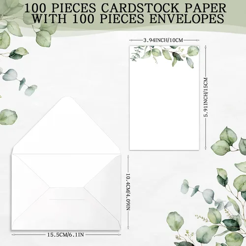 Vista 2 de Juego de 100 cartulina verde con sobres de 4 x 6 pulgadas, tarjetas de felicitación decorativas de flores en acuarela con hojas verdes para boda