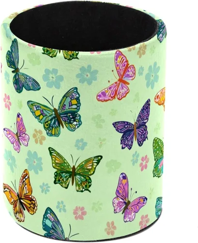 Vista 22 de Taza de PVC para escritorio, taza de lápiz rosa con mariposas para organizador de bolígrafos de escritorio, soporte para brochas de maquillaje