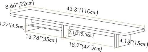 Vista 4 de FEZIBO Soporte para monitor dual de 43 pulgadas con bandeja para bolígrafos, estante de escritorio de madera maciza con patas de corcho ecológico