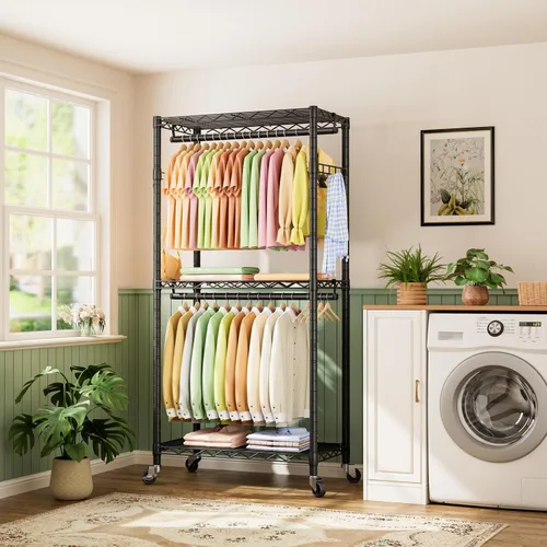 Vista 8 de Estante para ropa resistente con ruedas, estante enrollable para prendas, estantes ajustables de alambre de 3 niveles para colgar ropa con barras