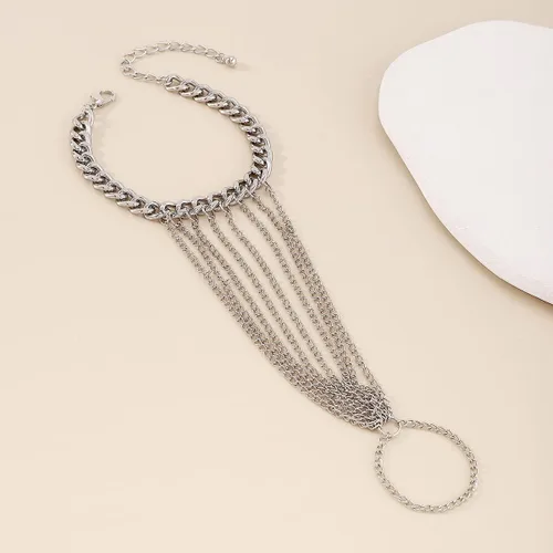 Vista 6 de Pulsera de anillo de cadena de mano esclava, pulsera de anillo de dedo de cadena bohemia con borlas para mujeres y niñas