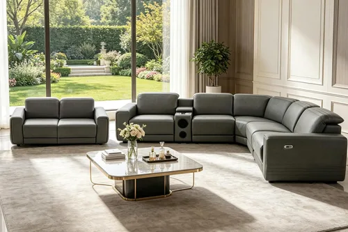 Vista 33 de Juego de sofá seccional reclinable de cuero, sofá seccional con 4 sillones reclinables Juegos de muebles de sala con 3 reclinables, luz LED