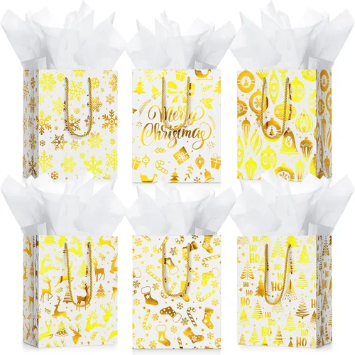 Vista 7 de Cholemy 16 piezas de bolsas de regalo de Navidad medianas gruesas con papel de seda, bolsas de papel kraft de Navidad con asas para envolver regalos