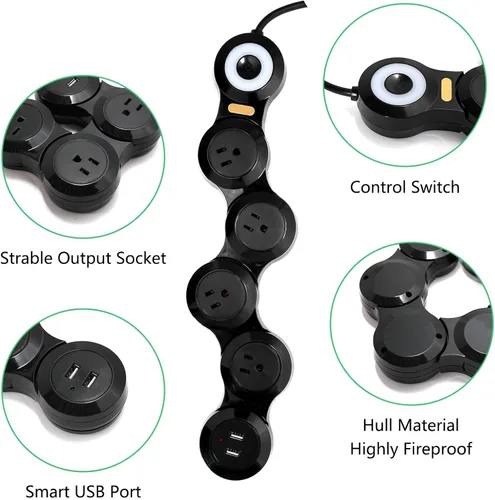 Vista 4 de Cable de alimentación de deformación para enchufe de enchufe grande, regleta de alimentación de enchufe plano con 2 puertos USB y 4 tomas múltiples
