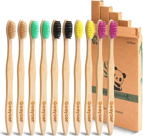 Vista 8 de Cepillo de dientes de bambú cerdas medianas, 10 cepillos de dientes de madera biodegradables a granel