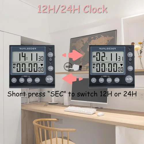 Vista 3 de Temporizador de cuenta regresiva de 2 canales con reloj de 12 horas/24 horas, temporizador magnético de cocina, temporizador digital