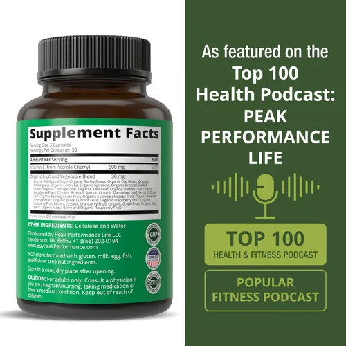 Vista 6 de Peak Performance Cápsulas de Vitamina C Natural de Aceituna Entera Cruda de Acerola para Máxima Absorción. Suplemento de Vitamina C Vegano de Origen