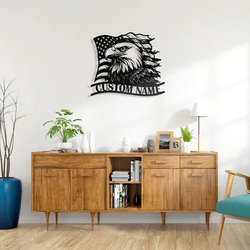 Vista 8 de Letrero de metal personalizado de águila y bandera estadounidense, arte de pared patriótico con nombre personalizado, decoración de hierro