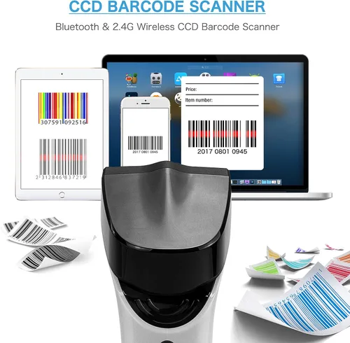 Vista 3 de NETUM Escáner de código de barras inalámbrico Bluetooth 1D de moda, lector de código de barras CCD manos libres con soporte y memoria incorporada
