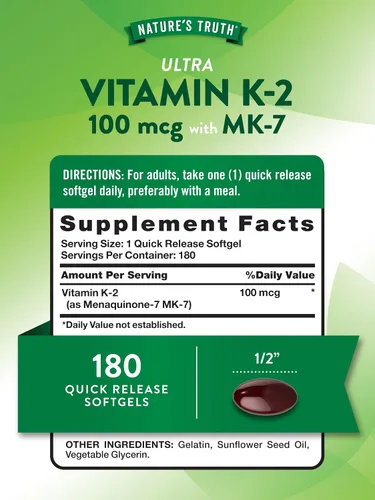 Vista 2 de Nature's Truth Vitamina K2 MK-7 100 mcg 180 cápsulas blandas Suplemento sin OMG y sin gluten