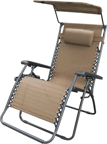 Vista 13 de Jeco Silla de gravedad cero de gran tamaño con sombrilla y bandeja de bebidas, malla marrón
