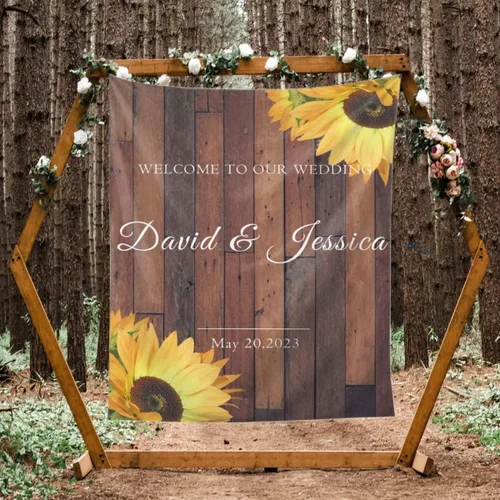 Vista 13 de Telón de fondo de boda personalizado, tapiz de felicitaciones de flores coloridas personalizado con nombres y fecha, pancarta de boda personalizada