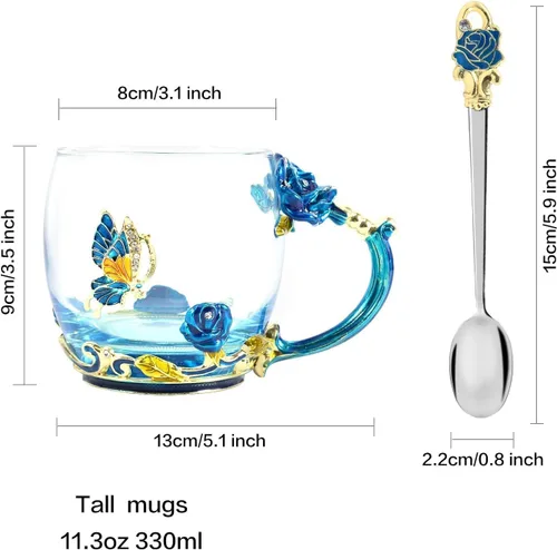 Vista 2 de Regalos de taza de té para mamá, regalo de cumpleaños para mujeres, taza de café de esmalte de vidrio, taza de mariposa azul cielo con flores, taza