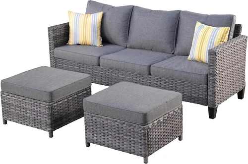 Vista 9 de ovios Juego de muebles de patio de 3 piezas para exteriores con otomanas, sofá de ratán de mimbre con reposapiés, cómodos cojines, sofás para todo