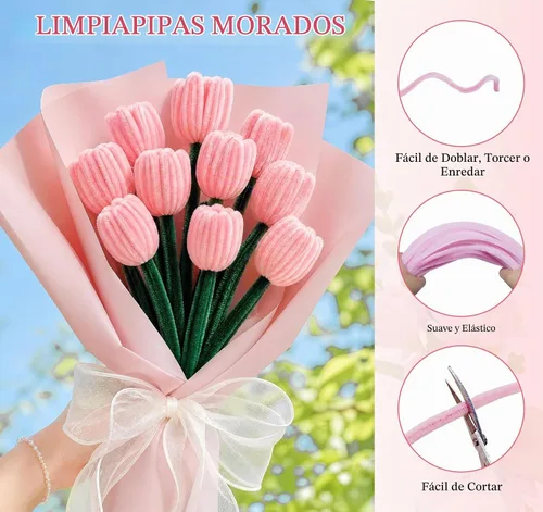 Vista 7 de Pipe Cleaners, 400 Pcs Pipe Cleaner Flower Kit, 4 Colors Pink Pipe Cleaners Rosa