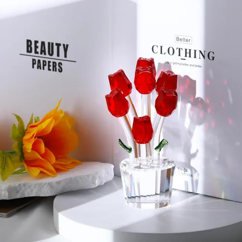 Vista 2 de Movdyka Figura de cristal de rosa roja con florero, ramo de flores, adorno de regalo para esposa, novia, mujer, flor de cristal hecha a mano