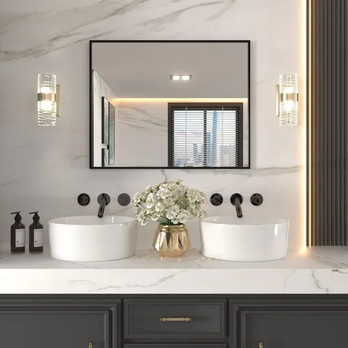 Vista 28 de LOAAO Espejo de Baño de Pared Rectangular Negro de 20"X30", Marco de Aleación de Aluminio Negro Mate, Vidrio Templado, se Cuelga Vertical u