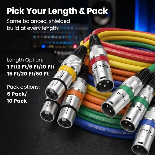 Vista 3 de GEARit XLR Cables de 1 pie 6 unidades de varios colores, cable de micrófono XLR macho a hembra, cable de micrófono blindado equilibrado