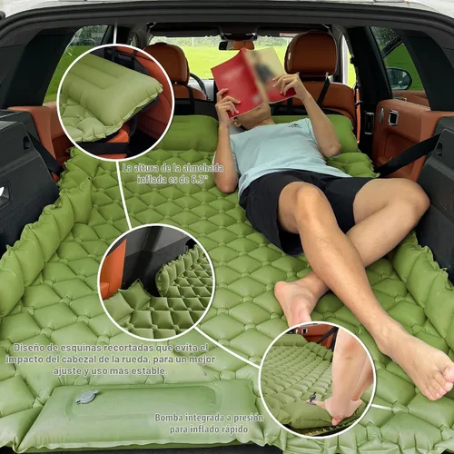 Vista 3 de Colchón inflable de aire para automóvil, colchón de aire SUV para viajes, campamento, cama de campamento ultraligera con almohada y bomba de pie