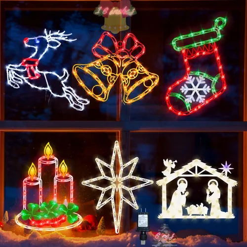 Vista 14 de Decoraciones de Luces de Siluetas para Ventana de Halloween de 16" - Paquete de 6 Colores Iluminados Gato en Luna y Fantasma y Telaraña y Calabaza