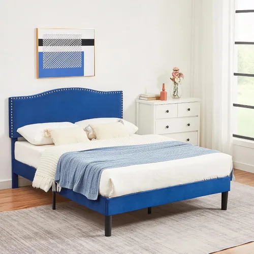 Vista 9 de VECELO Base de cama tamaño Queen, base de cama de plataforma con cabecera tapizada de altura ajustable, marcos resistentes y fuerte soporte