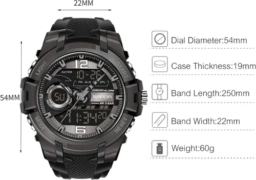 Vista 6 de RORIOS Reloj de cuarzo digital para hombre, reloj de pulsera con temporizador de alarma
