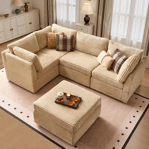 Vista 51 de Ovios - Sofá modular con diván en forma de U y otomanas, cómodo y mullido, tapizado en pana estilo nube, moderno, asiento profundo, juego de sofás