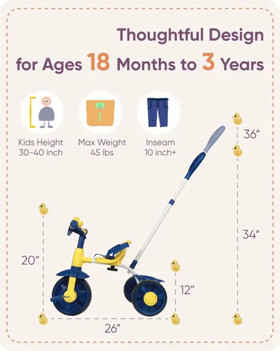 Vista 6 de KRIDDO - Triciclos 2 en 1 para niños de 18 meses a 3 años, ruedas EVA mejoradas, ideal para regalo para niños de 2 a 3 años, con mango de empuje