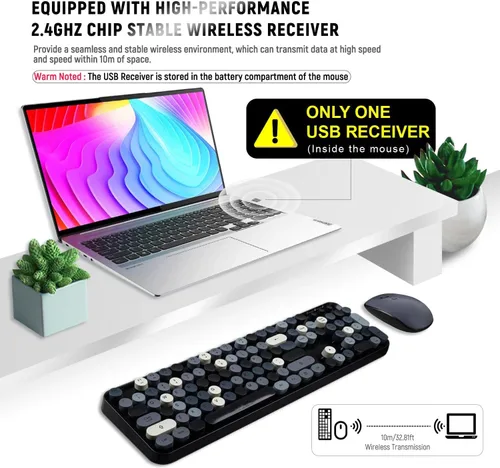 Vista 3 de Combo de teclado y mouse inalámbricos, teclado redondo estilo máquina de escribir retro, teclado inalámbrico de tamaño completo de 2.4 GHz
