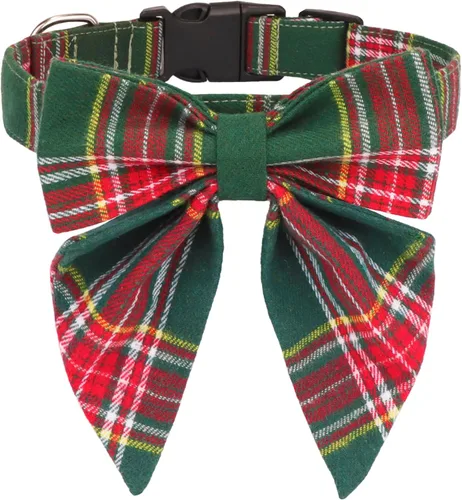 Vista 9 de ADOGGYGO Collar de Navidad para perro con lazo, ajustable de algodón rojo a cuadros, collares de Navidad para perros pequeños, medianos y grandes