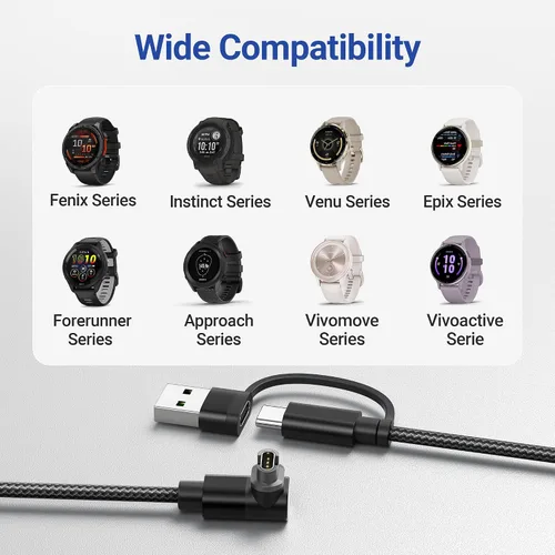 Vista 8 de Itramax - Cable de carga 2 en 1 para Garmin Watch de 4 pies, cable de alimentación de carga para Garmin Fenix 8 E 7 7X 7S 6 5 5X 5S Solar