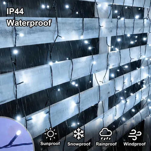 Vista 4 de QITONG Paquete de 2 tiras de luces solares blancas, 100 luces LED solares para exteriores de 33 pies, impermeables, 8 modos, alambre verde, luz