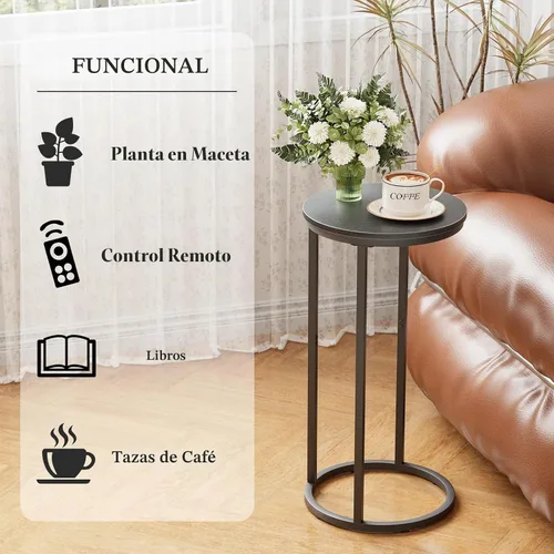 Vista 5 de Mesa auxiliar en forma de C, mesa auxiliar redonda de madera para sofá, mesa de sofá pequeña con marco de metal para dormitorio, sala de estar