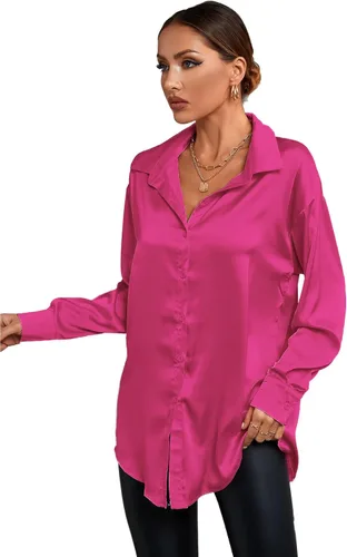 Vista 4 de LYANER Blusa de manga larga con cuello en V y botones de seda satinada para mujer