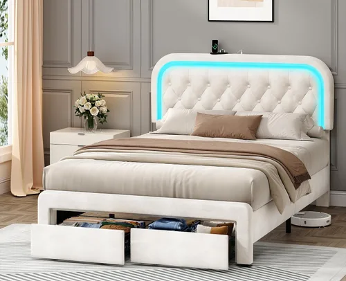 Vista 10 de Marco de cama Queen con cabecero, marco de cama LED tapizado, sin somier Base de cama tapizada tamaño queen con estación de carga tipo C y USB