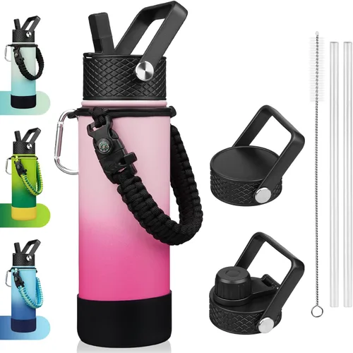 Vista 10 de BJPKPK - Botella de agua con tapa de popote, botellas de agua aisladas de 18 onzas con 3 tapas, asa de cuerda de paracaídas y base antideslizante