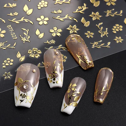 Vista 6 de Calcomanías de arte de uñas doradas, diseño de sol, luna, estrellas, línea de corazón, flores, calcomanías autoadhesivas para uñas, calcomanías