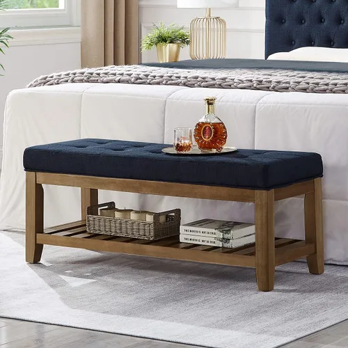 Vista 10 de 24KF Banco Otomano Grande Rectangular Tapizado con Capitoné de Tela de Lino, Banco Acolchado con Estante de Madera Maciza - Granito Banco de granito